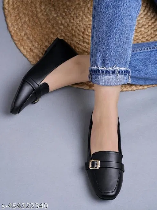 Solid PU Ballerinas for Women (Black, IND-4)