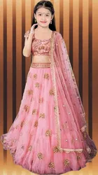 Net Embroidered Semi Stitched Lehenga for Girls 