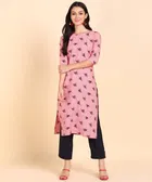 Crepe Block Print Women's Kurta with Pant Set (Pink, XXL)