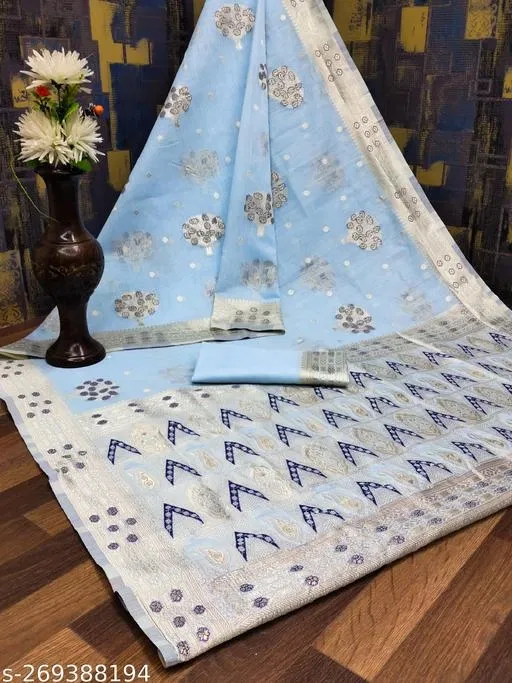 Cotton Linen Zari Woven Saree for Women (Sky Blue, 6.3 m)