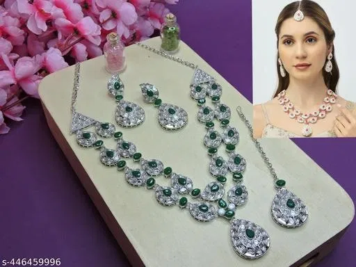2 Layer Silver Finish Partywear Necklace Set for Women (Green, Free Size)
