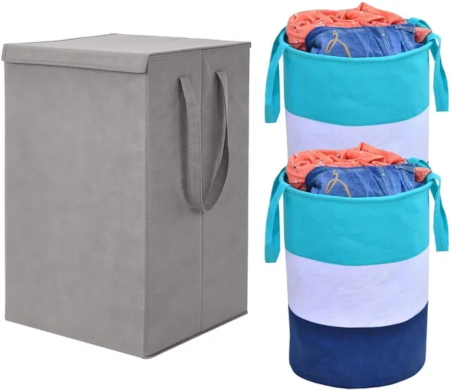 Canvas Laundry Basket,Grey & Green, (Pack Of 3)