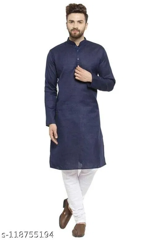 Mandarin Neck Kurta for Men (Navy Blue, XXL)