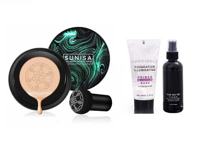 Sunisa BB and CC Cream Foundation with Mushroom Head Air Cushion Puff, Matte Fixer & Primer (Set of 3) (SE-22)