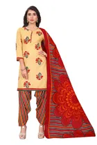 Cotton Blend Floral Kurti with Pant & Dupatta for Women (Cream, S)