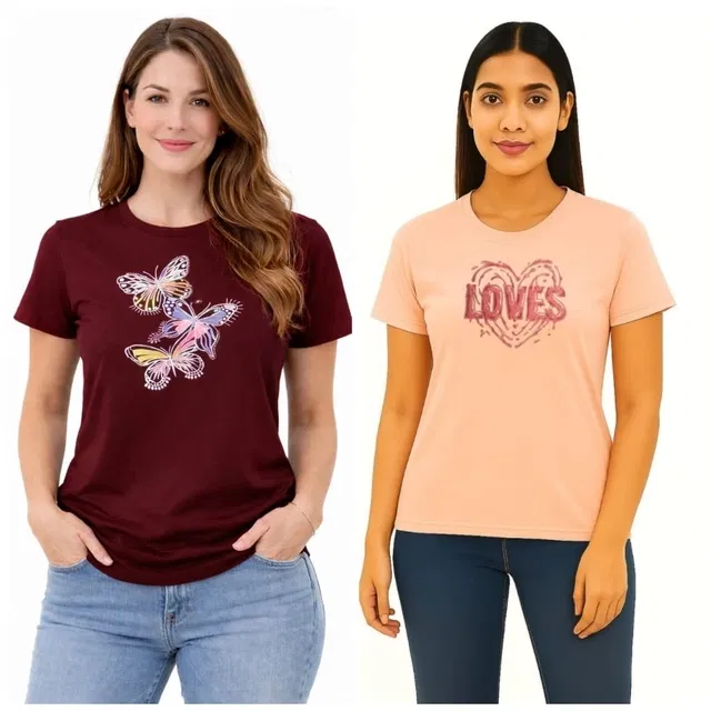 Cotton Blend T-shirt for Women, Peach & Maroon, Pack of 2 (M)