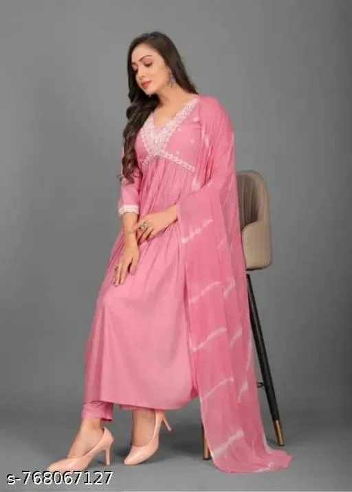Embroidered Floral A-line Kurta Set for Women (Pink, M)