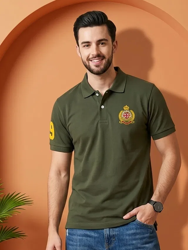 Embroidered Polo T-shirt for Men (Olive, M)