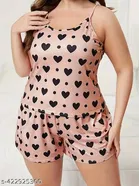 Cotton Blend Printed Night Suit for Women, Peach 