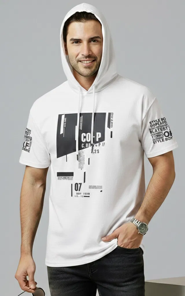 Polyester Printed T-shirt for Men, White (L)