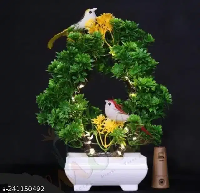 Artificial Bonsai Plant with Sparrow & Light (Green, 15 cm)