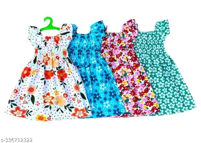 Cotton Frocks for Girls (Multicolor, 6-9 Months) (Pack of 4)