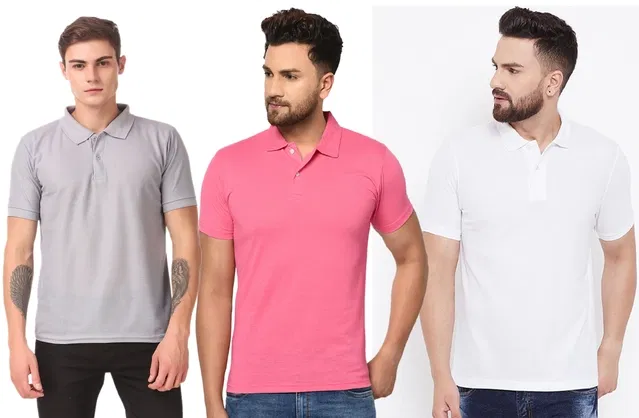 Polo Solid T-shirts for Men (Multicolor, L), Pack of 3