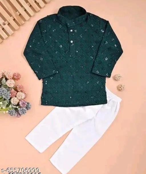 Floral Seqiunned Cotton Kurta Set for Boys (White, 9-12 Months)