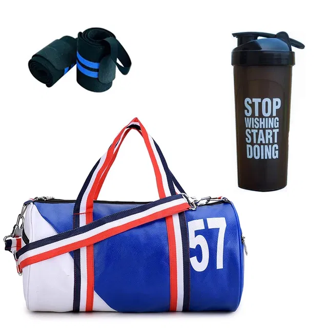 Polyester Printed Gym Bag with Wristband & Shaker Bottle (700 ml) for Men & Women (Multicolor, Set of 1)