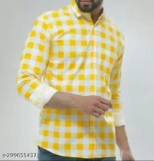 Cotton Blend Checked Shirt for Men, Yellow (M)