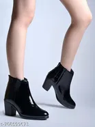 Shoetopia Patent Leather Block Heeled Boots Black IND-7