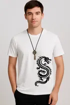 Round Neck Printed T-Shirt for Men (White, M)