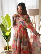 Soft Silk Printed Gown with Dupatta for Women (Multicolor, S)