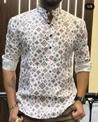 Cotton Blend Printed Short Kurta for Men, White (M)