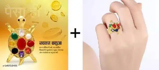 Navratna Turtle Ring & Navratna Turtle Showpieces (Multicolor, Set of 2)