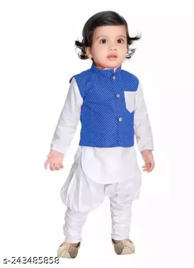 Cotton Full Sleeves Jacket with Kurta & Pyjama Clothing Set for Boys (Royal Blue & White, 9-12 Months)