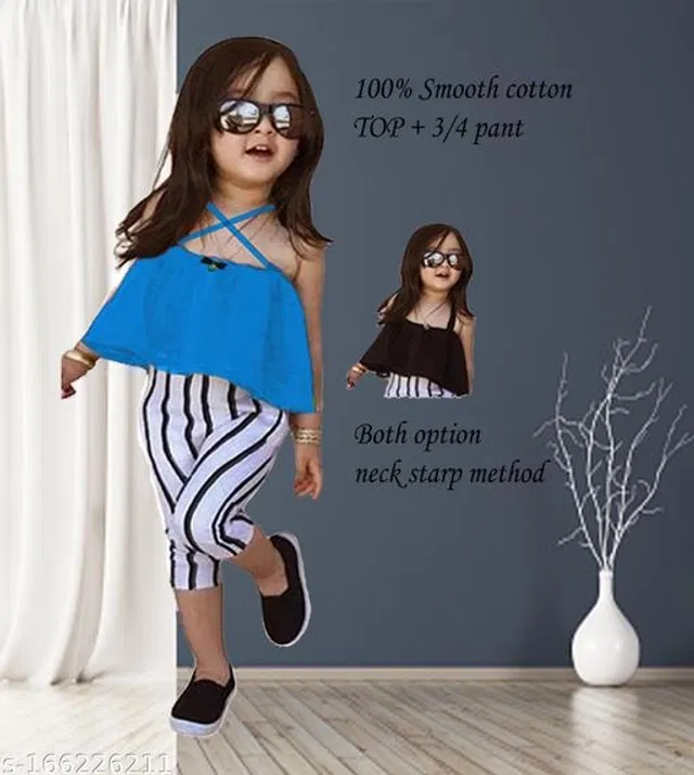 Cotton Clothing Set for Girls (Sky Blue & White, 12-18 Months)