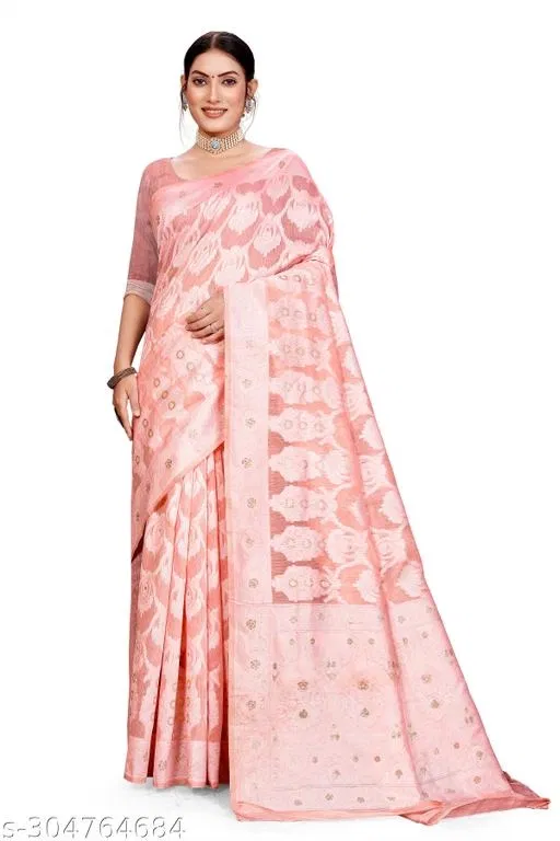 Cotton Zari Woven Saree for Women (Peach, 6.3 m)