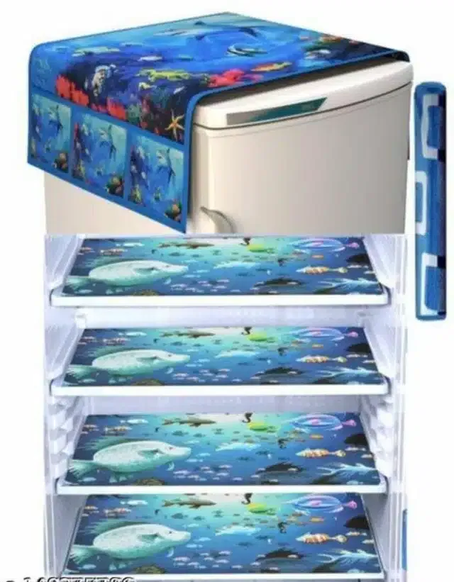 Knit Printed Fridge 4 Pcs Mat with Handle & Top Cover (Multicolor, Set of 1)