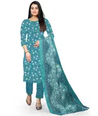 Cotton Blend Floral Print Unstitched Suit with Dupatta for Women (Blue)