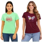 Cotton Blend T-shirt for Women, Maroon & Green, Pack of 2 