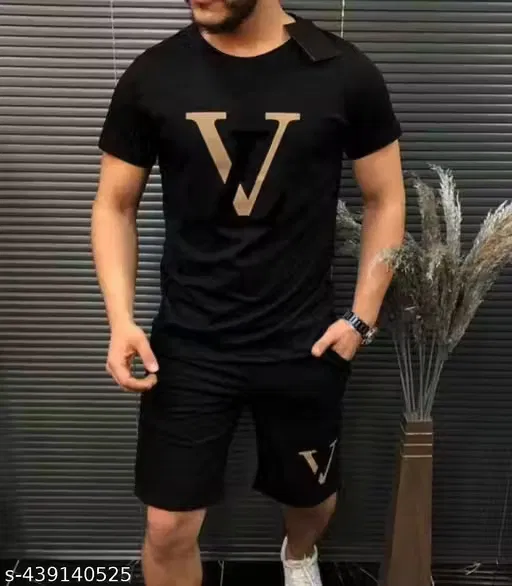 Chest Print Co-Ord Set Set for Men, Black (XL)