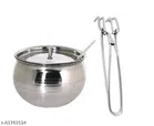 Stainless Steel Oil Container Pot Set with Cooking Tong (Silver, Set of 2)