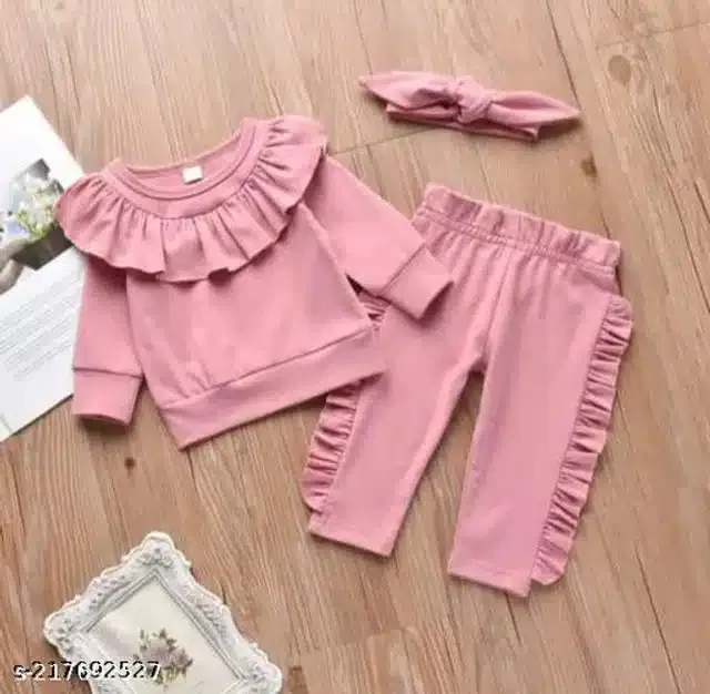 Crepe Full Sleeves Top & Bottom Clothing Set for Girls (Peach, 1-2 Years)
