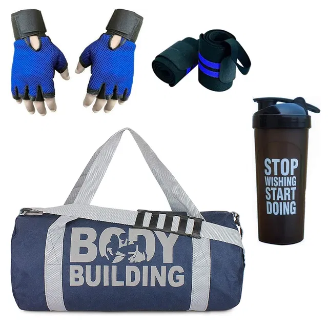Polyester Printed Gym Bag with 2 Pcs Writ Band, Gloves & Shaker Bottle (700 ml) for Men & Women (Multicolor, Set of 1)