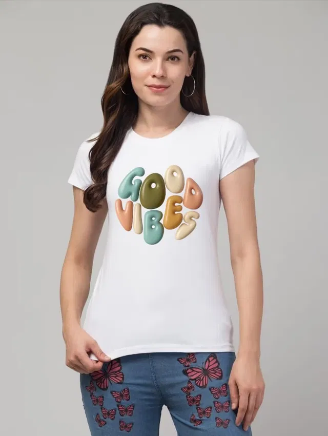 Cotton Blend Printed T-shirt for Women, White (M)