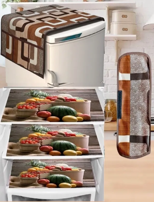 PVC Printed Fridge Top Cover with 3 Pcs Shelf Mats & Handle Cover (Multicolor, Set of 1)
