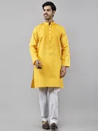 Cotton Blend Solid Kurta with Pyjama Set for Men (Yellow, M)