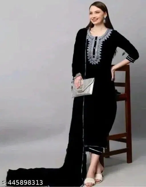 Rayon Embroidered A-line Kurta Set for Women ( Black,L )