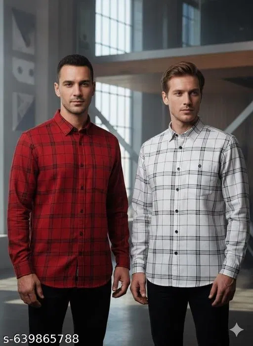 Cotton Blend Checked Shirts for Men, Maroon & White, Pack of 2 (XL)