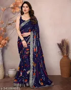 Georgette Printed Saree for Women, Navy Blue 