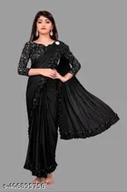 Polycotton Solid Saree with Blouse for Girls (Black, 3-4 Years)