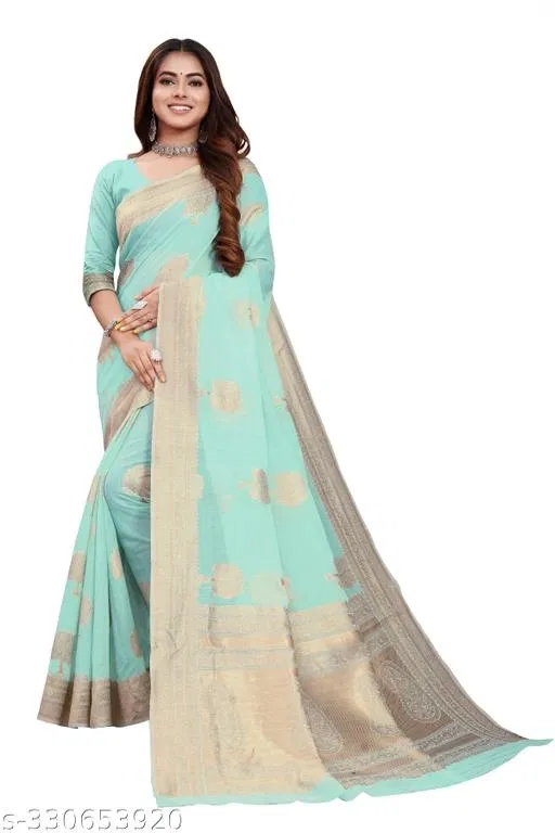 Chanderi Cotton Zari Woven Saree for Women (Sky Blue, 6.3 m)