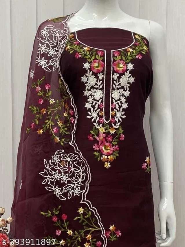Embroidered Unstitched Suit for Women (Wine, 2.25 m)