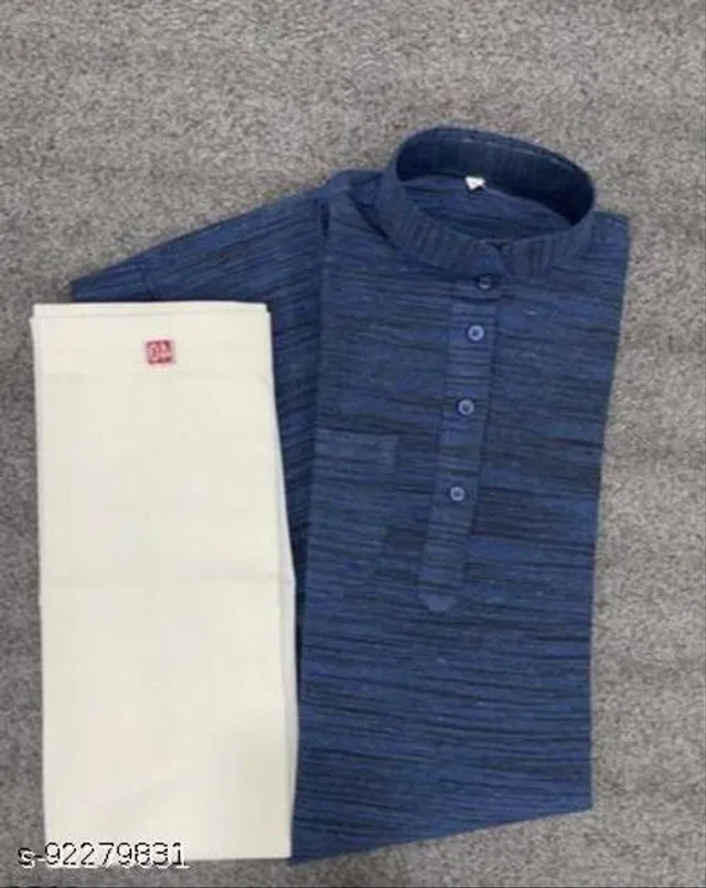 Khadi Cotton Solid Kurta with Pyjama for Men (Navy Blue & White, XXXL)