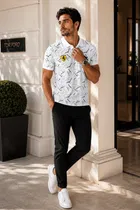 Casual Wear Printed Polo Neck Polycotton T-Shirt, White 