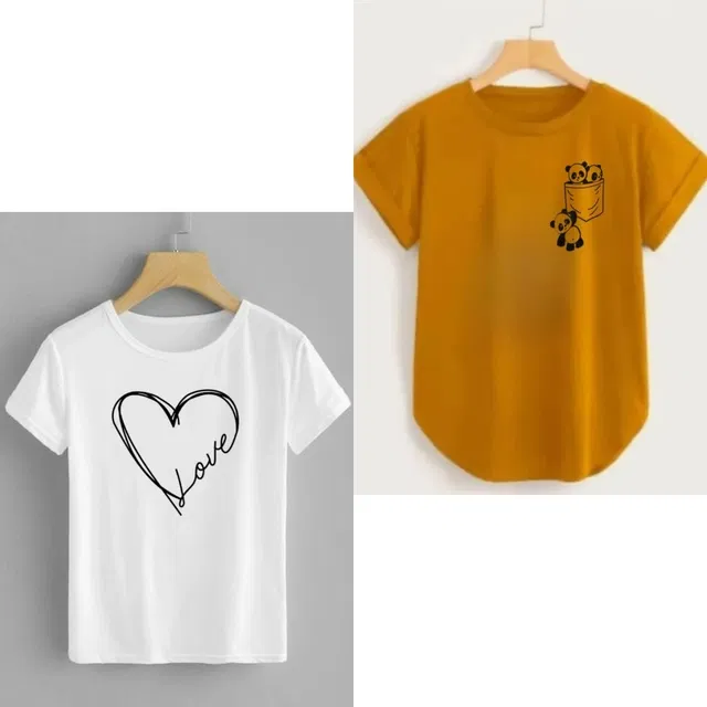 Cotton Blend Round Neck T-Shirt for Women (Multicolor, L) (Pack of 2)