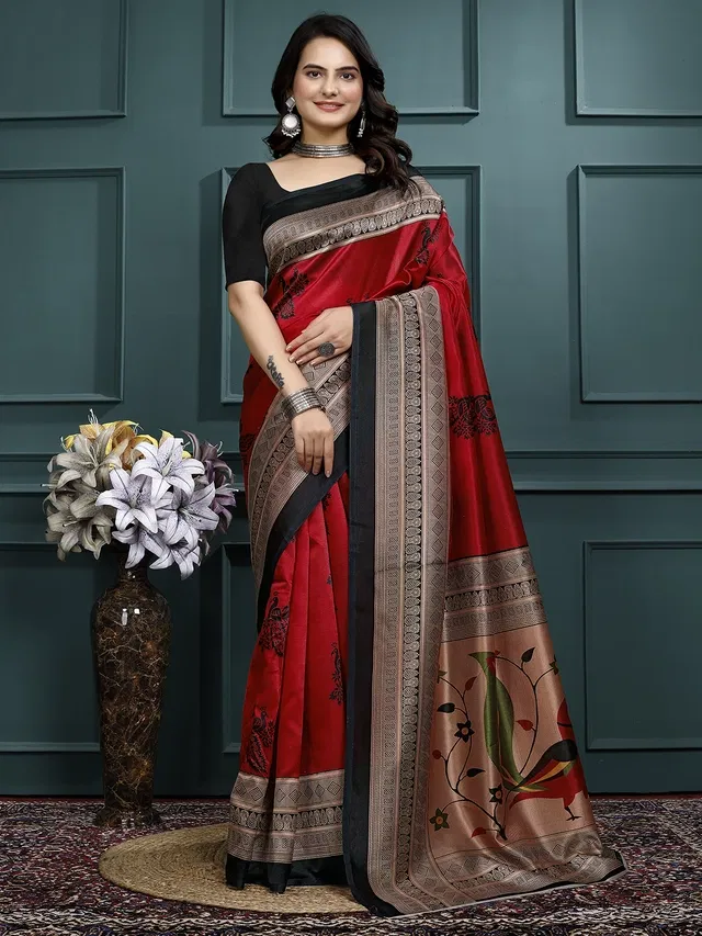 Mysore Silk Printed Saree for Women (Red, 6.3 m)