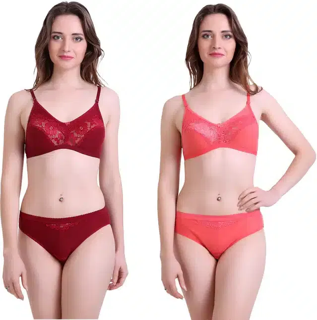 Cotton Blend Lingerie Set for Women (Maroon & Orange, 40A) (Set of 2)