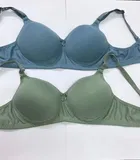 Cotton Blend Padded Solid Bras for Women, Blue & Green, Pack of 2 